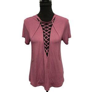 Express XS Mauve Pink Top Lace Up Gromet Shirt Edgy Short Sleeves V-neck